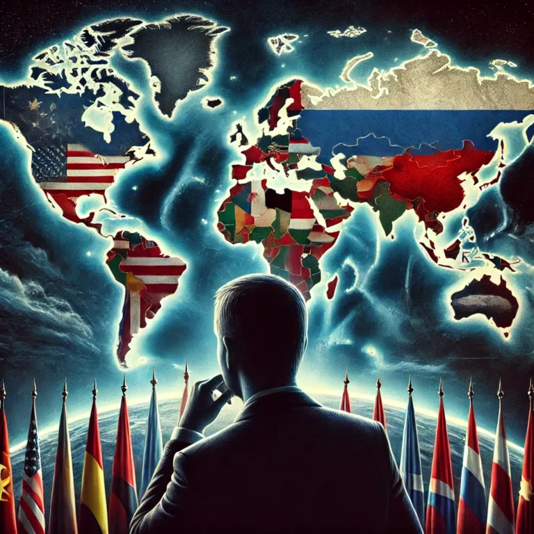 DALL·E 2024-11-06 11.14.03 - A detailed illustration of a political analyst looking thoughtfully at a world map, symbolizing global tension and conflict. The map is divided into t