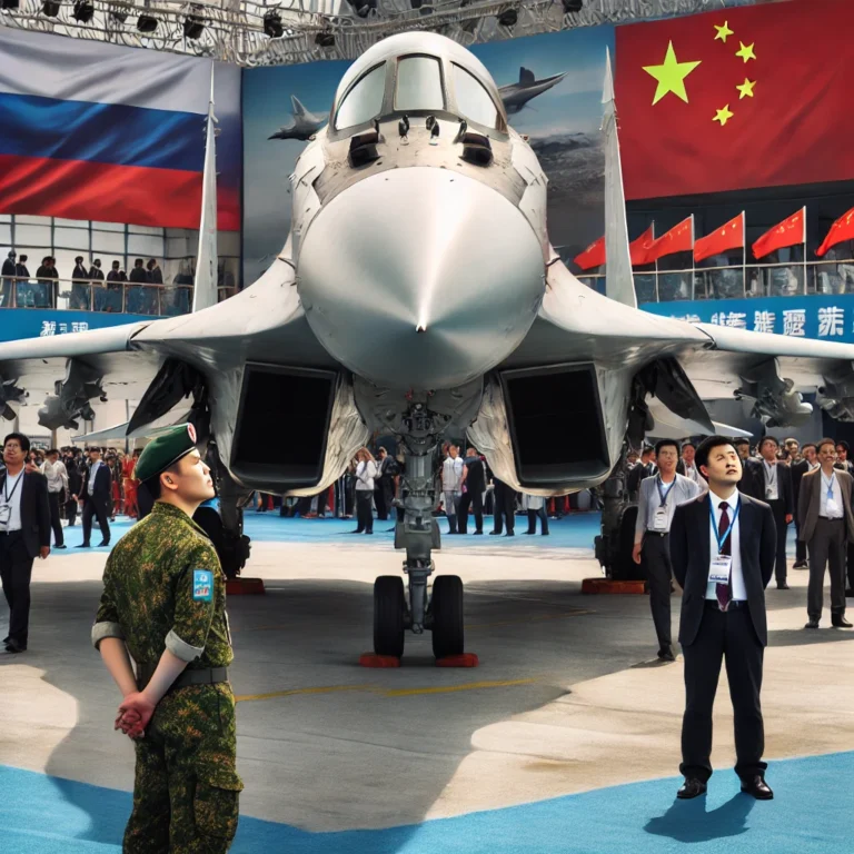 DALL·E 2024-11-06 13.36.59 - A high-quality, professional image of the Russian SU-57 fighter jet displayed at an international airshow in China. The aircraft is shown from a close